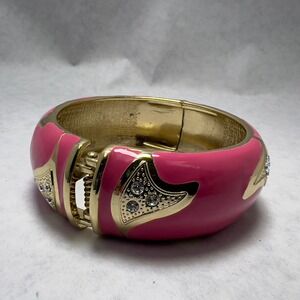 VTG Bold Pink Gold Tone Hinged Bangle Bracelet Rhinestone Accents Statement 7.5"